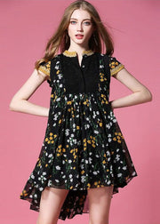 Style Black Print Low High Design Chiffon Pleated Dress Summer