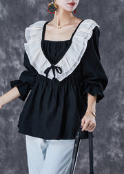 Style Black Ruffled Patchwork Cotton Blouses Fall