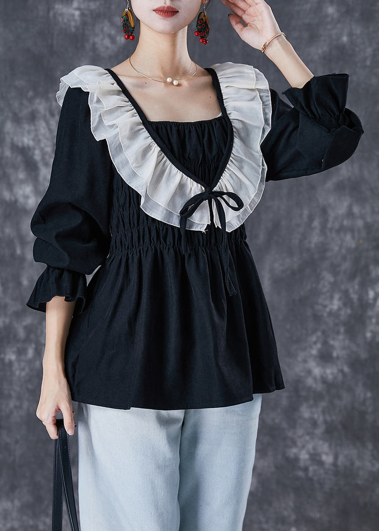 Style Black Ruffled Patchwork Cotton Blouses Fall