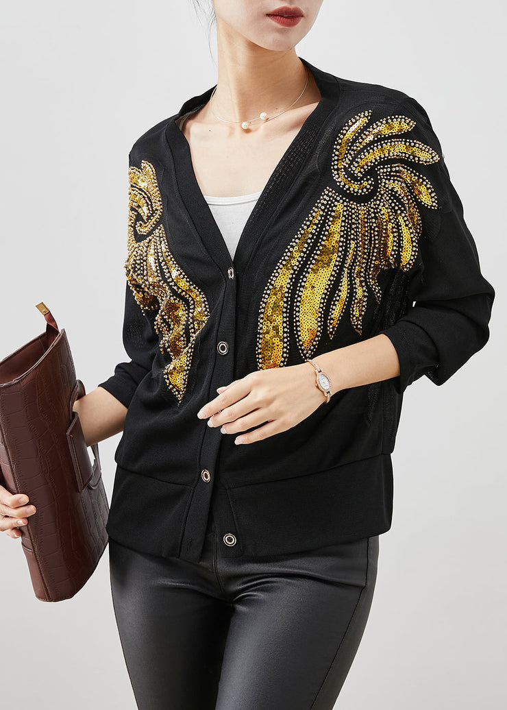 Style Black Sequins Button Down Cotton Cardigan Fall