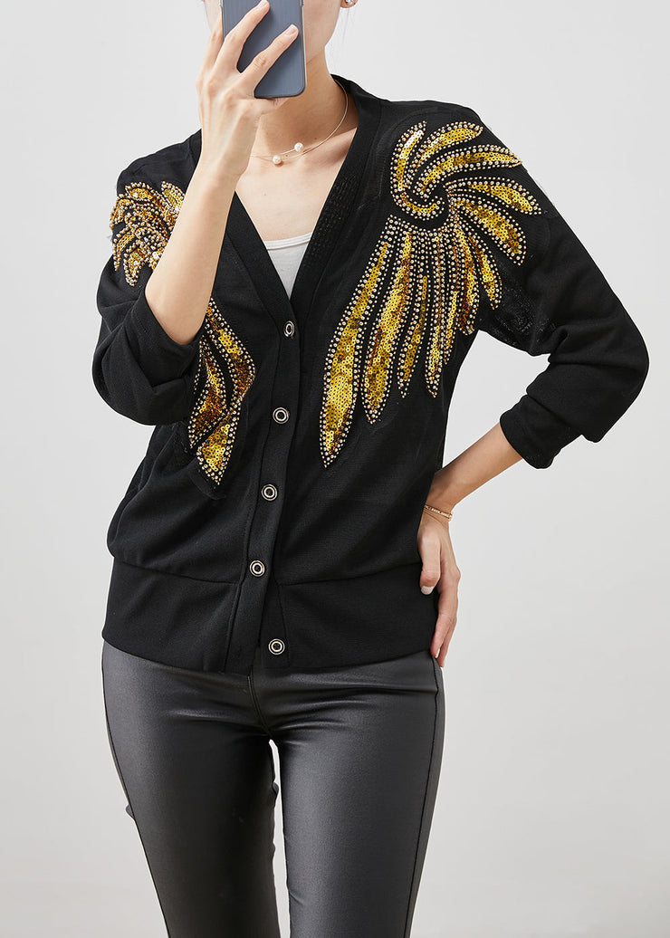 Style Black Sequins Button Down Cotton Cardigan Fall