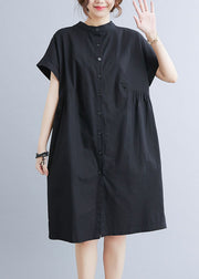 Style Black Stand Collar Wrinkled Cotton Shirt Dress Summer