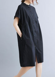 Style Black Stand Collar Wrinkled Cotton Shirt Dress Summer