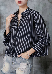 Style Black Striped Drawstring Cotton Shirt Top Summer