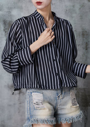 Style Black Striped Drawstring Cotton Shirt Top Summer