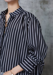 Style Black Striped Drawstring Cotton Shirt Top Summer