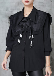 Style Black Tasseled Chinese Button Cotton Shirt Spring