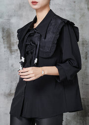 Style Black Tasseled Chinese Button Cotton Shirt Spring