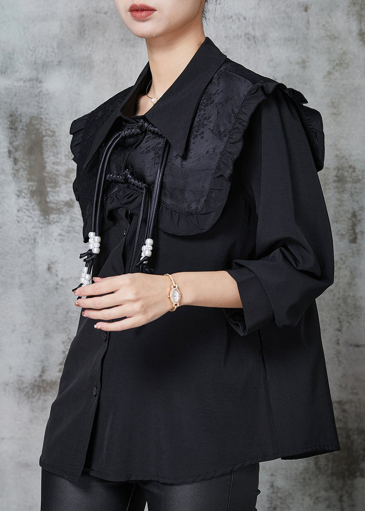 Style Black Tasseled Chinese Button Cotton Shirt Spring