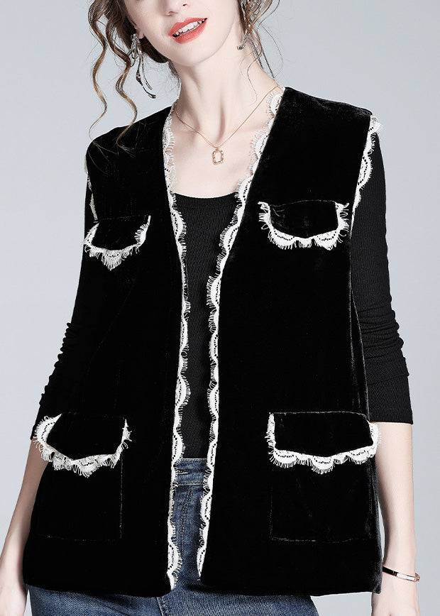 Style Black V Neck Lace Patchwork Silk Velour Waistcoat Spring