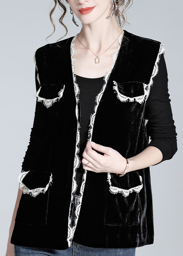 Style Black V Neck Lace Patchwork Silk Velour Waistcoat Spring