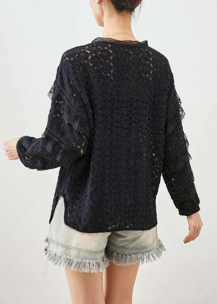 Style Black V Neck Patchwork Ruffles Lace Shirt Tops Fall