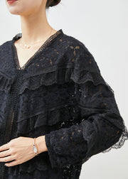 Style Black V Neck Patchwork Ruffles Lace Shirt Tops Fall