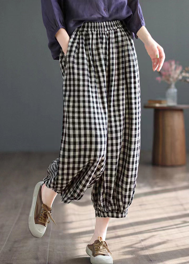 Style Black White Plaid Elastic Waist Crop Plaid Pants