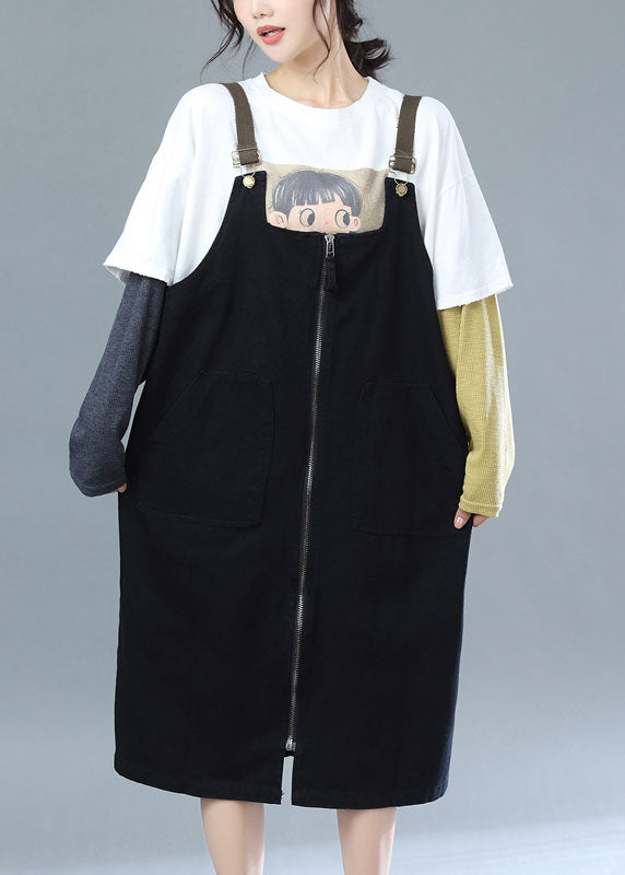 Style Black Zippered Oversized Cotton Suspender Dress