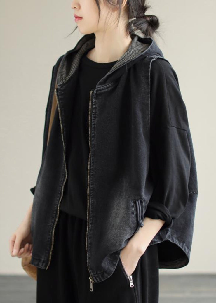 Style Black Zippered Patchwork Hoodie Denim Coat Fall