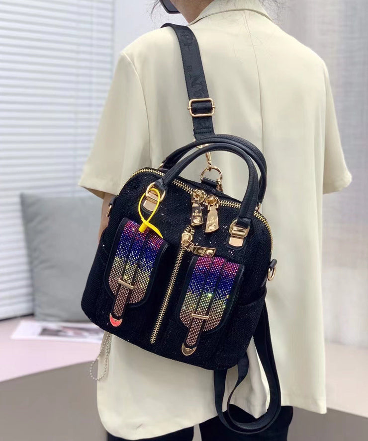 Style Black Zircon Patchwork Sequin Leather Backpack Bag