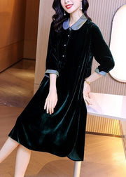 Style Blackish Green Button Wrinkled Silk Velour Long Dresses Bracelet Sleeve