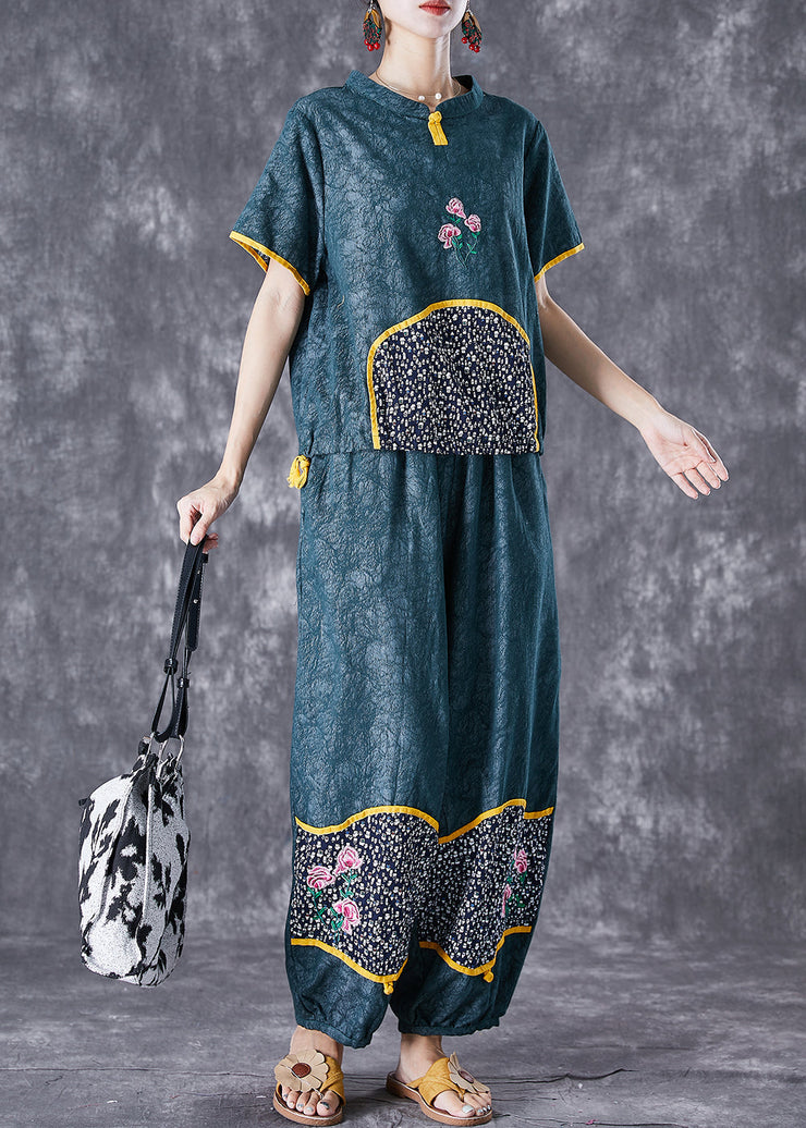 Style Blackish Green Embroideried Patchwork Cotton 2 Piece Outfit Summer