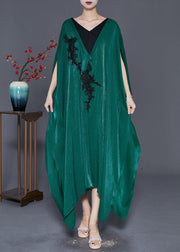 Style Blackish Green Embroideried Patchwork Silk Long Dresses Batwing Sleeve