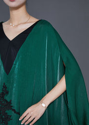 Style Blackish Green Embroideried Patchwork Silk Long Dresses Batwing Sleeve