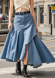 Style Blue Asymmetrical Patchwork Denim Vacation Skirts Spring