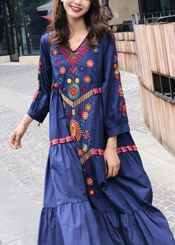 Style Blue Embroidered Exra Large Hem Cotton Dress Summer