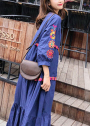 Style Blue Embroidered Exra Large Hem Cotton Dress Summer