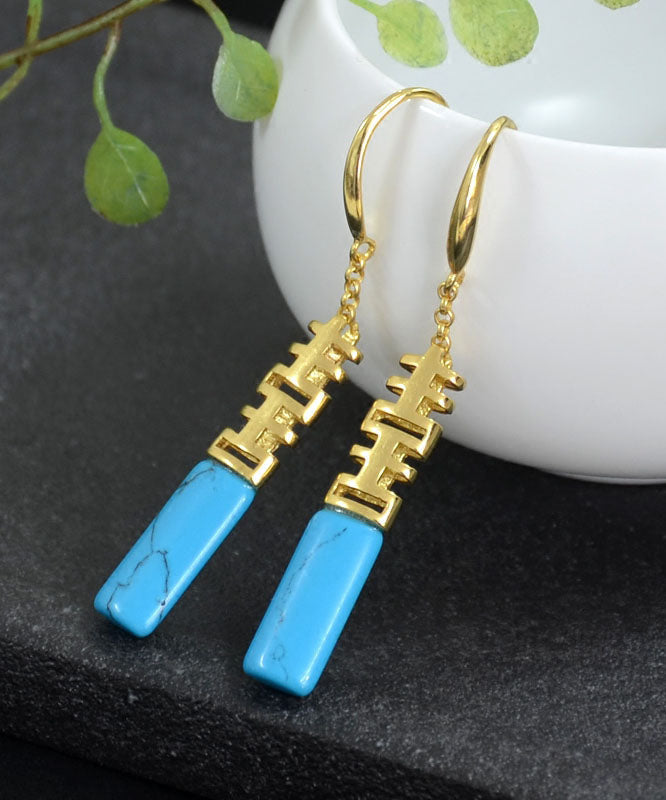 Style Blue Ore Sterling Silver Inlaid Cuboid Drop Earrings