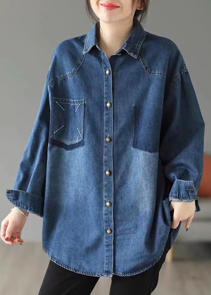 Style Blue Oversized Embroideried Pocket Denim Jackets Spring