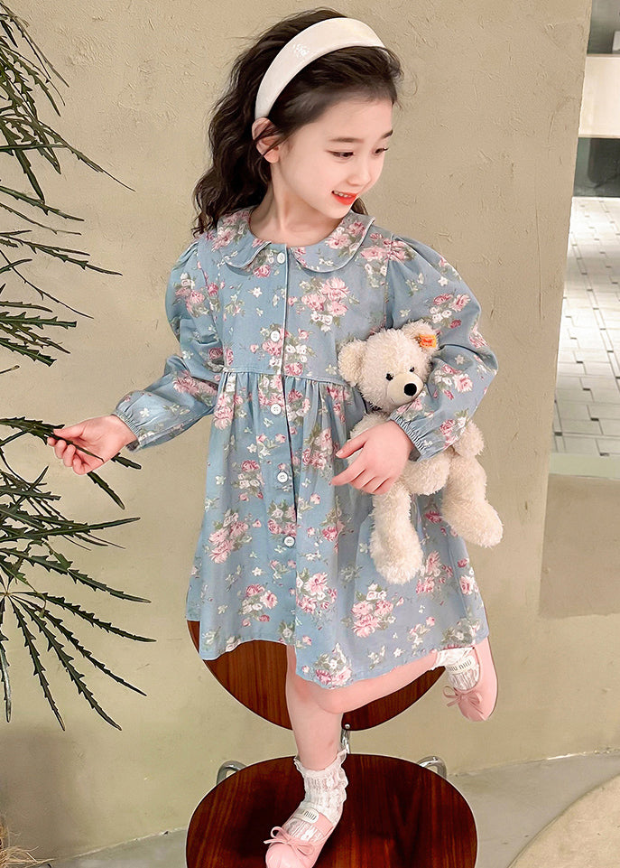 Style Blue Peter Pan Collar Patchwork Kids Maxi Dress Fall