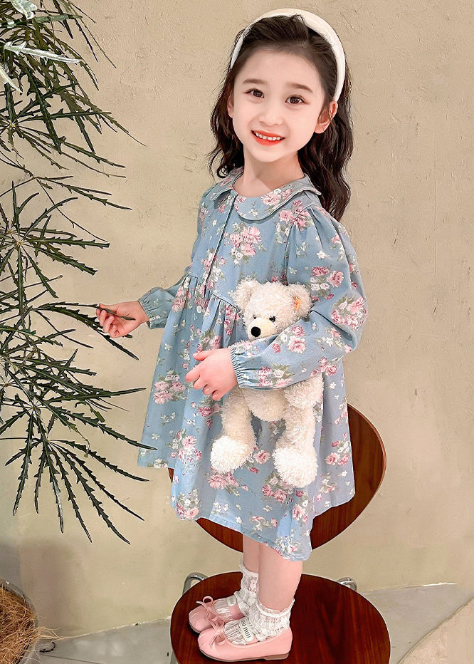 Style Blue Peter Pan Collar Patchwork Kids Maxi Dress Fall