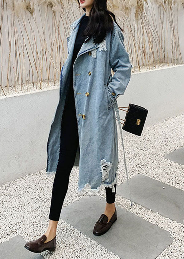 Style Blue Peter Pan Collar Pockets Tie Waist Patchwork Denim Coat Fall