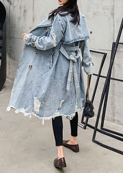 Style Blue Peter Pan Collar Pockets Tie Waist Patchwork Denim Coat Fall