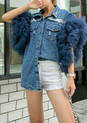 Style Blue Peter Pan Collar Tulle Ruffled Patchwork Denim Shirts Summer