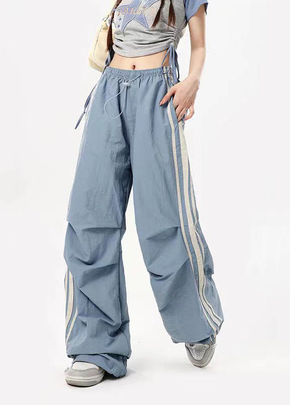 Style Blue Pockets Wrinkled Drawstring Wide Leg Pants Spring