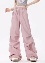 Style Blue Pockets Wrinkled Drawstring Wide Leg Pants Spring