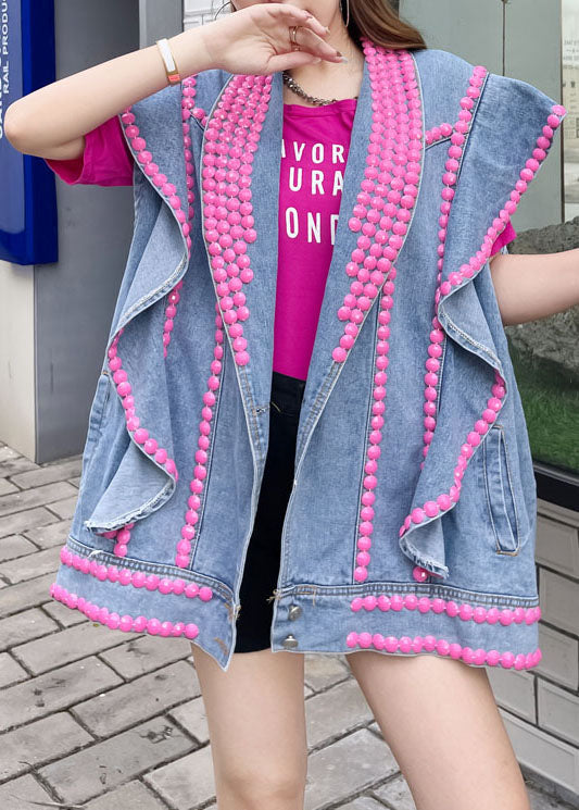 Style Blue Ruffled Nail Bead Letter Patchwork Denim Vest Sleeveless