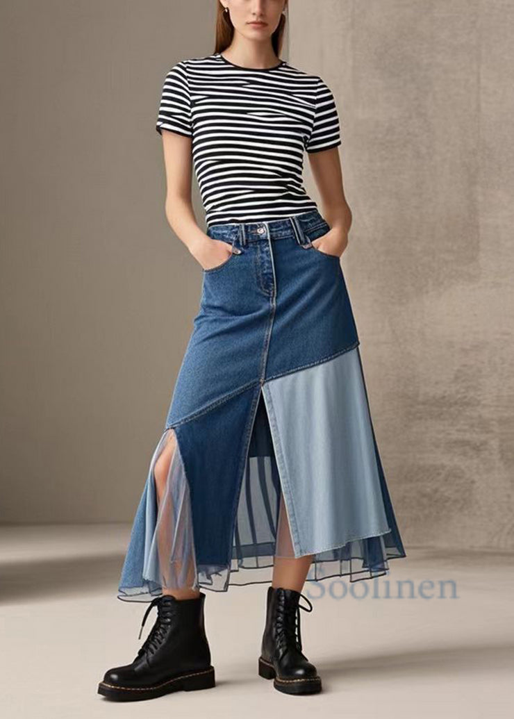 Style Blue Silm Fit Patchwork Side Open Denim Skirts Spring