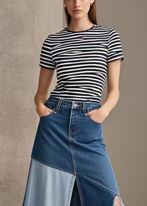 Style Blue Silm Fit Patchwork Side Open Denim Skirts Spring