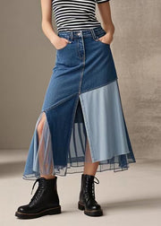 Style Blue Silm Fit Patchwork Side Open Denim Skirts Spring