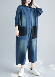 Style Blue Stand Collar Oversized Patchwork Pockets Denim Jumpsuits Summer