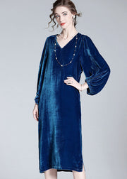 Style Blue V Neck Patchwork Wrinkled Silk Velour Dresses Spring