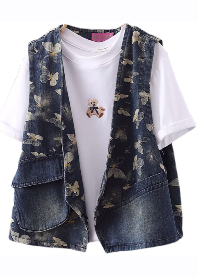 Style Blue V Neck Print Pockets Denim Coats Fall