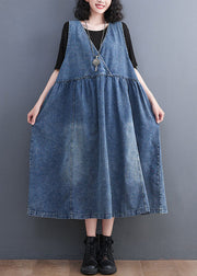 Style Blue V Neck Wrinkled Patchwork Denim Long Dress Fall