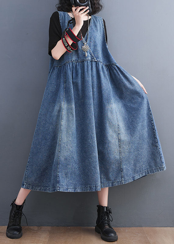 Style Blue V Neck Wrinkled Patchwork Denim Long Dress Fall