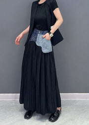 Style Blue Wrinkled Denim Patchwork Cotton Wide Leg Pants Summer