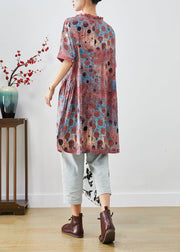 Style Brick Red Ruffled Print Linen Dresses Summer