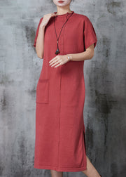 Style Brick Red Side Open Silm Fit Knit Dress Summer