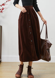 Style Chocolate Elastic Waist Button Corduroy Skirts Fall